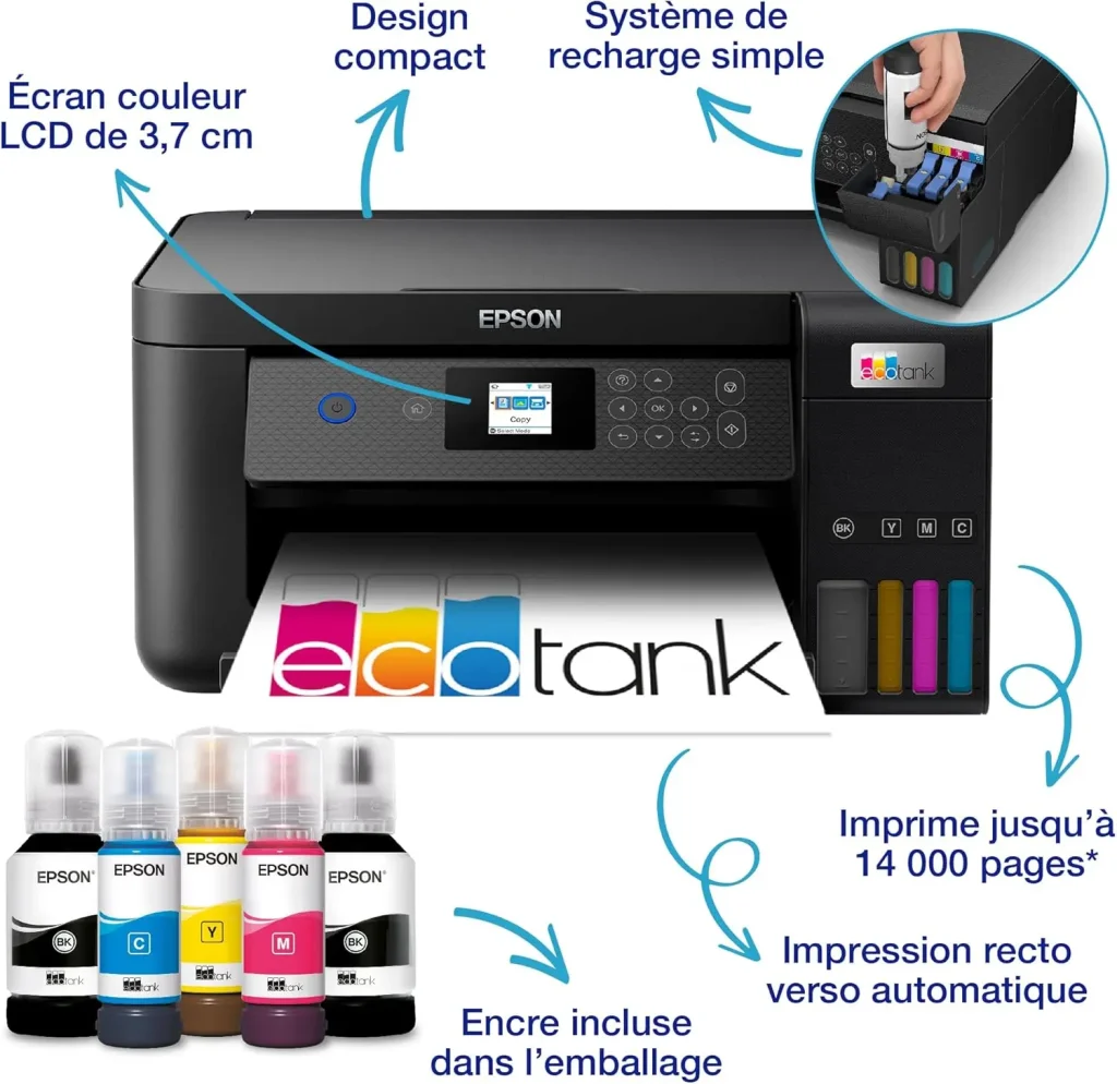 Imprimante multifonction Epson EcoTank ET-2851 avec réservoirs d’encre rechargeables