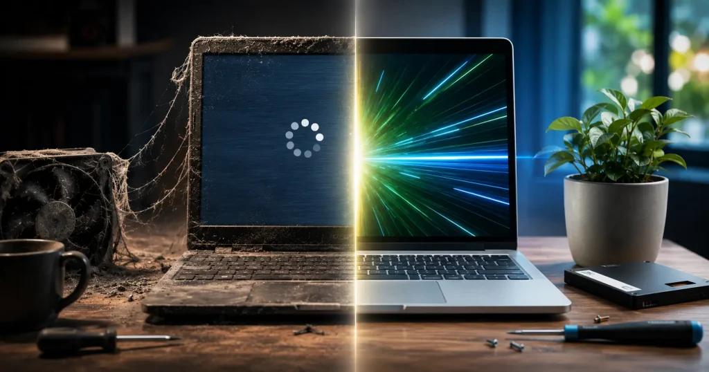 Ordinateur portable lent comparé à un PC optimisé après nettoyage et installation SSD