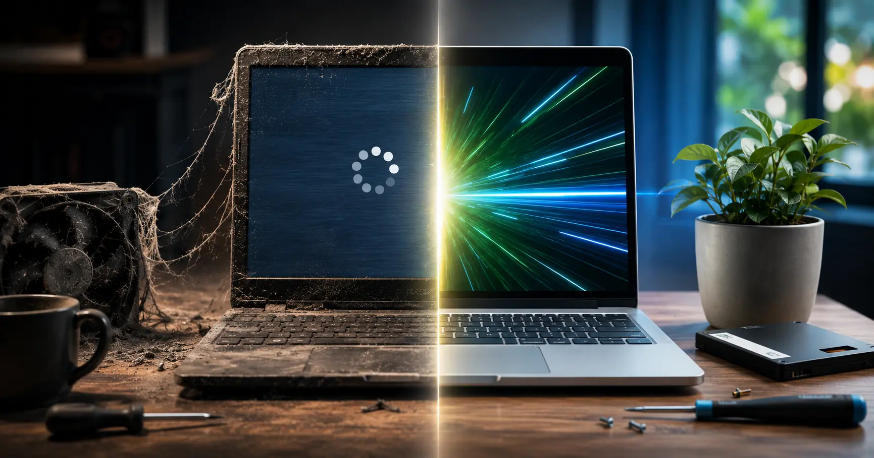 Ordinateur portable lent comparé à un PC optimisé après nettoyage et installation SSD