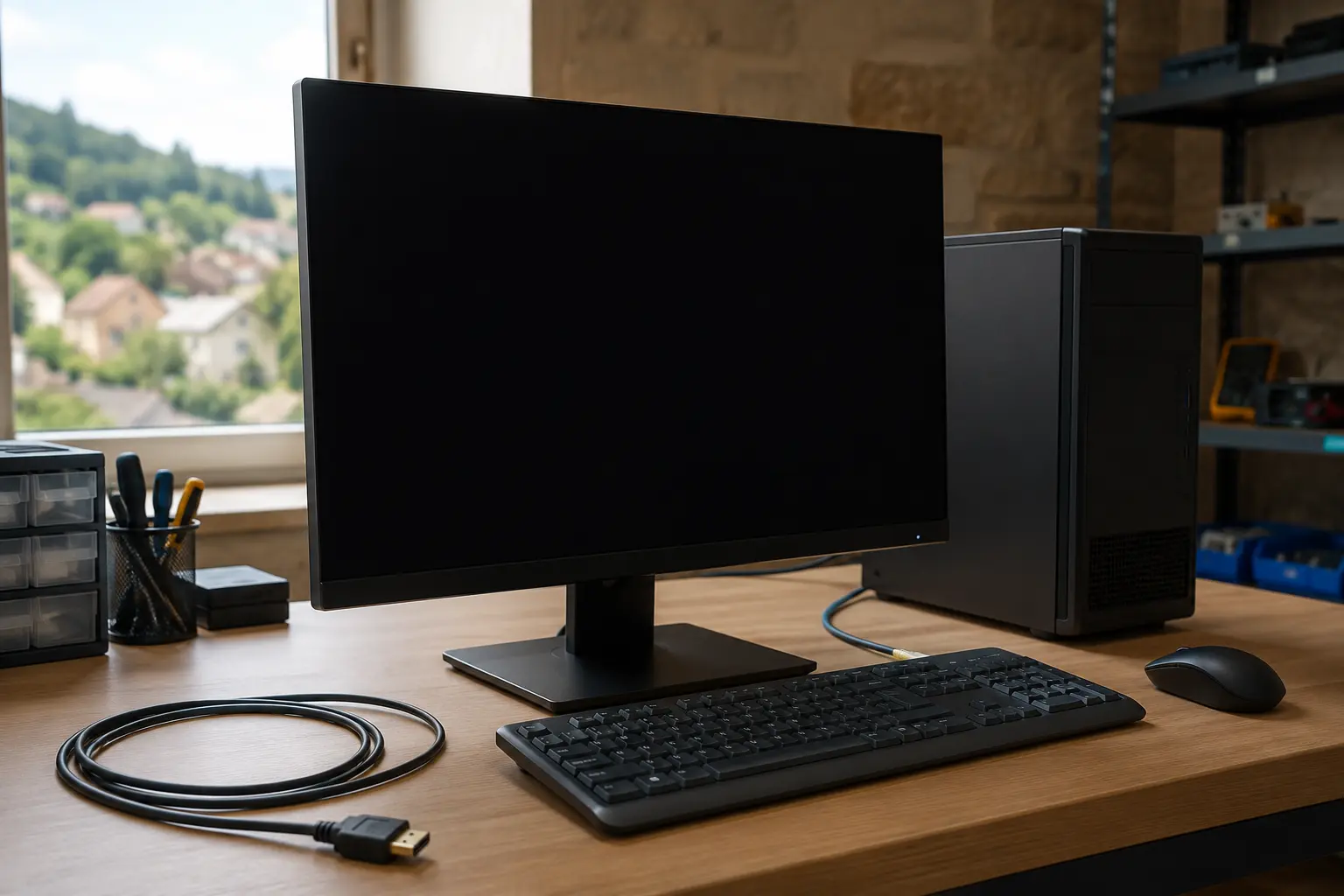 Powered-on computer with a black screen on a diagnostic workbench