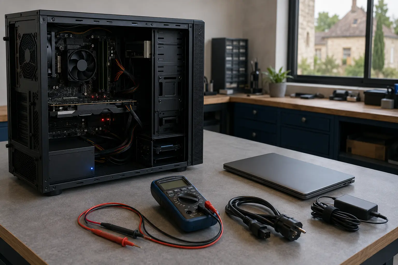 Desktop computer and laptop charger on a power diagnostic workbench