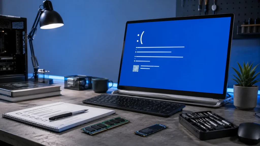 Écran bleu Windows affiché sur un ordinateur entouré d’une barrette de RAM, d’un SSD et d’outils de diagnostic.
