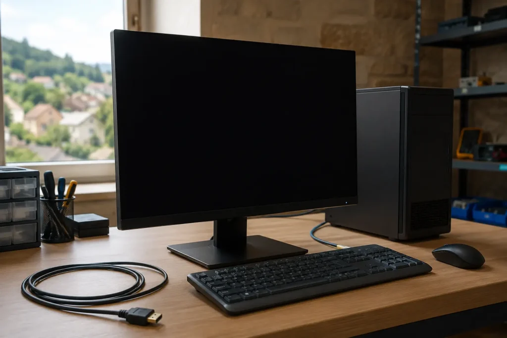 Ordinateur allumé avec écran noir sur un bureau de diagnostic informatique