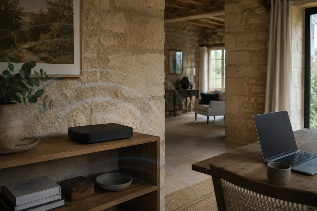Box Wi-Fi placée dans un logement aux murs épais pour diagnostiquer une connexion lente ou instable