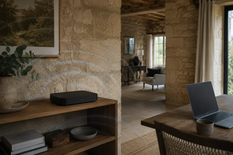 Wi-Fi router positioned in a thick-walled home while diagnosing a slow or unstable connection