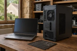 Ordinateur portable et tour avec grilles de ventilation dégagées en été