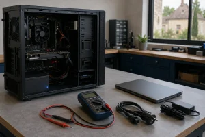 Ordinateur fixe et chargeur de portable sur un poste de diagnostic d’alimentation