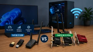 Clés Wi-Fi USB et carte Wi-Fi PCIe devant un PC fixe
