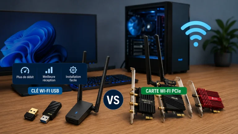 Clés Wi-Fi USB et carte Wi-Fi PCIe devant un PC fixe