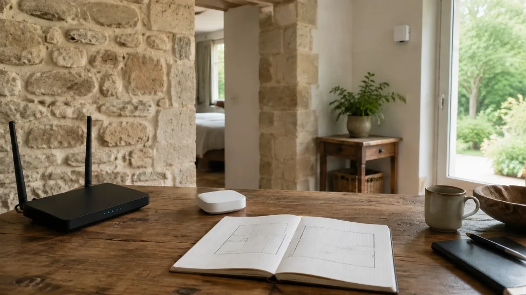 Routeur et point d’accès génériques dans un gîte en pierre avec plan de mesure du Wi-Fi