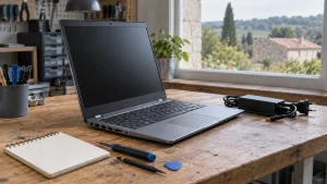 Refurbished laptop inspected on a workshop desk