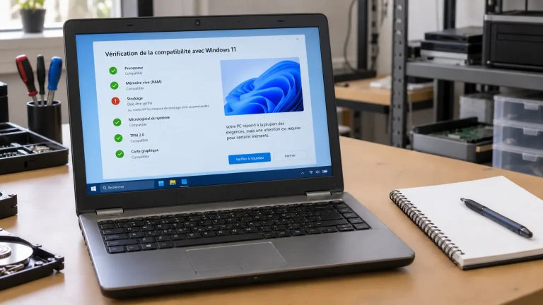 Ancien ordinateur portable affichant un contrôle de compatibilité Windows 11