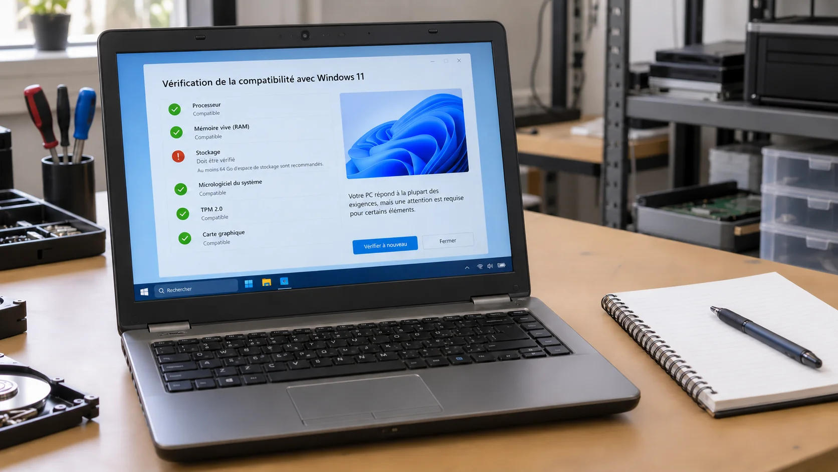 Ancien ordinateur portable affichant un contrôle de compatibilité Windows 11