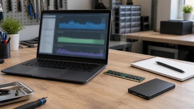 Ordinateur portable avec graphiques système, barrette de RAM et SSD sur un bureau de diagnostic