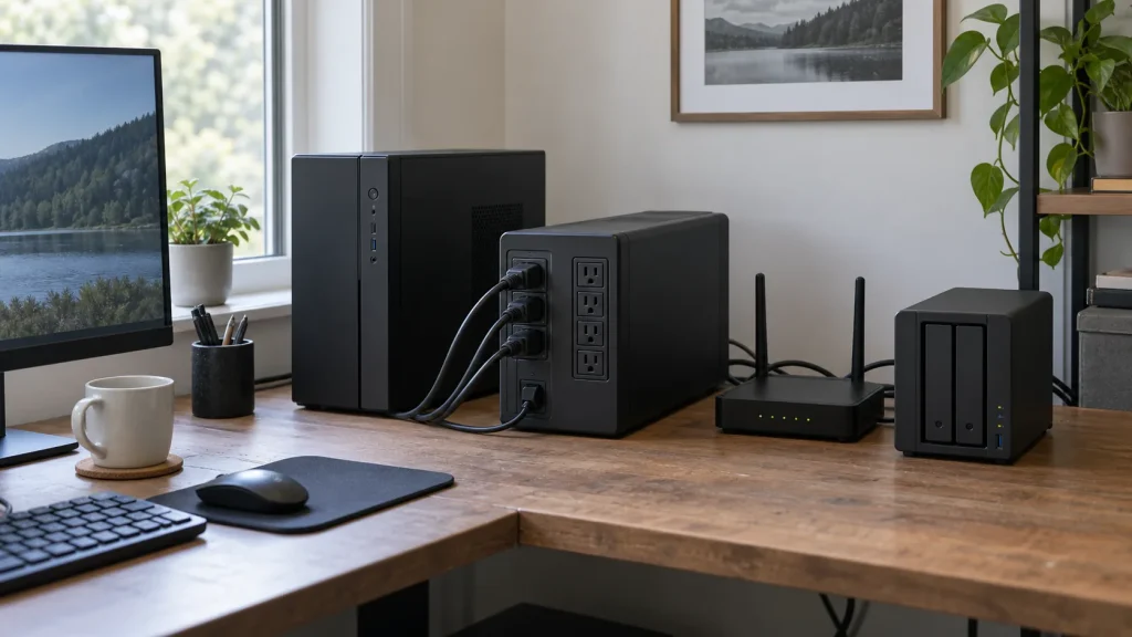 Generic UPS powering a router, NAS and PC on an office desk