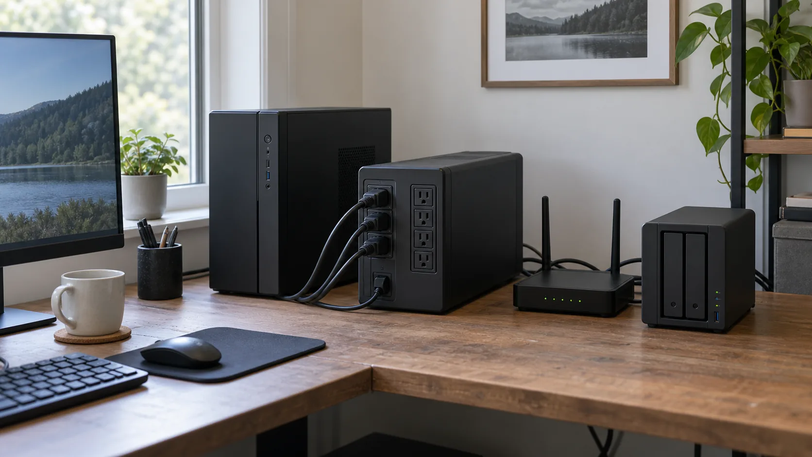 Generic UPS powering a router, NAS and PC on an office desk