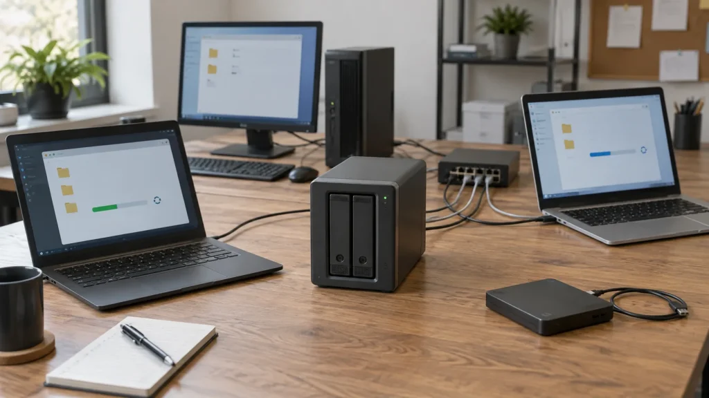 Plusieurs ordinateurs reliés à un NAS avec un disque externe séparé