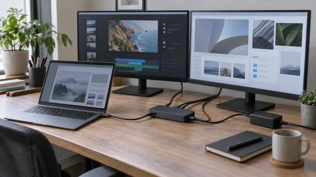 Laptop connected through a USB-C dock to two distinct monitors