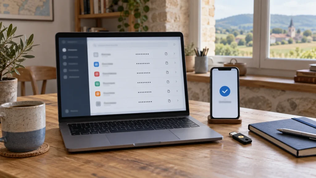 Ordinateur, smartphone et clé de sécurité préparés pour migrer vers un gestionnaire de mots de passe