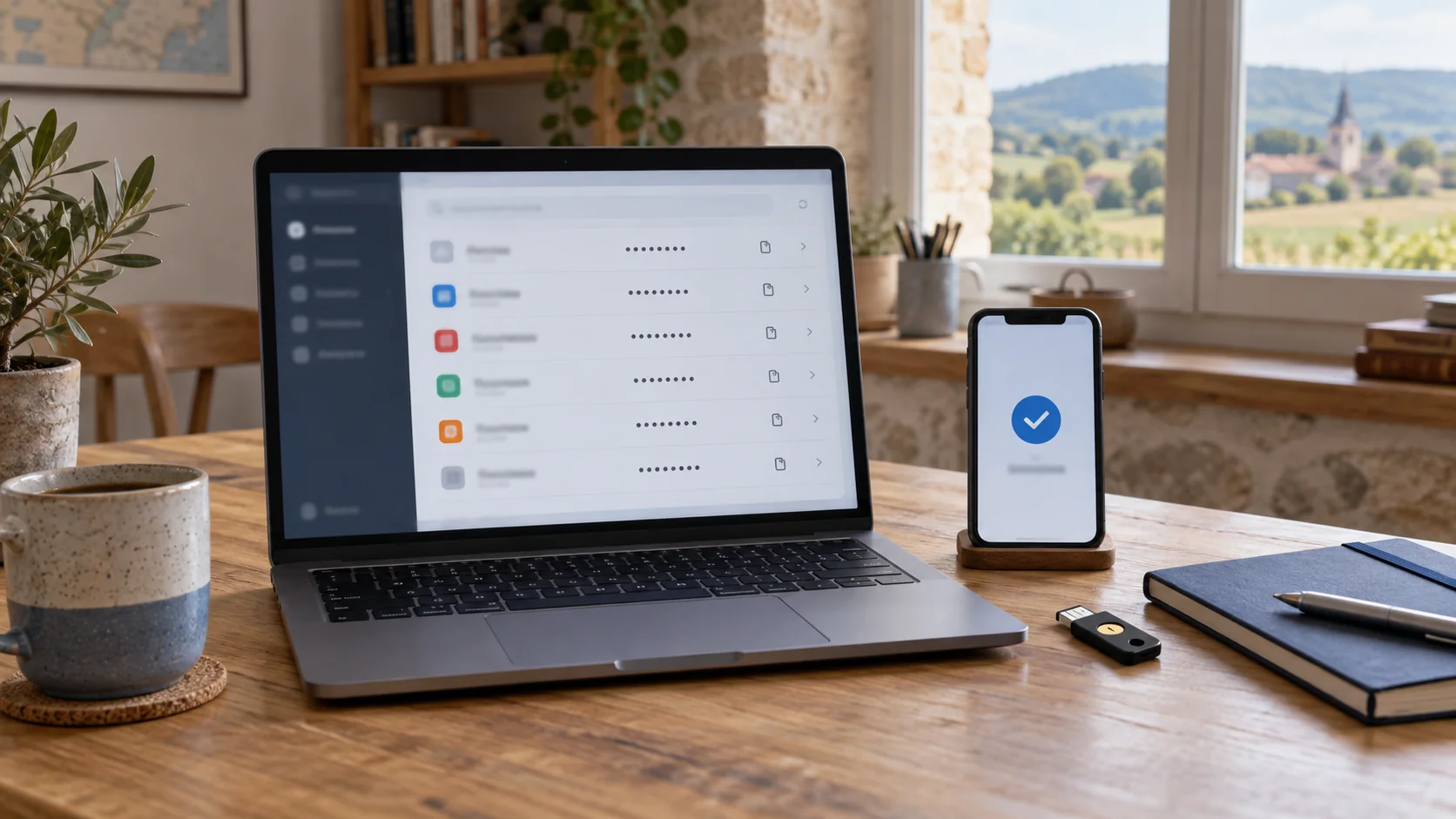 Ordinateur, smartphone et clé de sécurité préparés pour migrer vers un gestionnaire de mots de passe