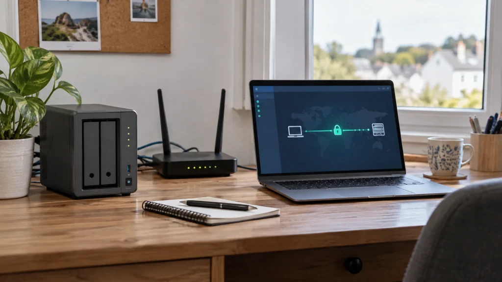 NAS et routeur dans un bureau avec une connexion distante sécurisée représentée sur un ordinateur portable