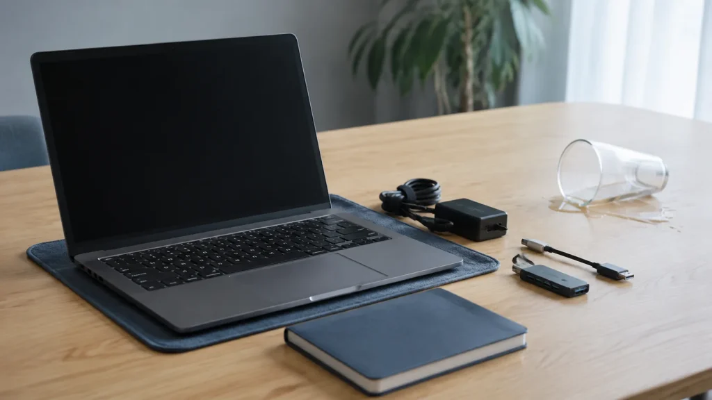 PC portable éteint après un verre renversé, chargeur et accessoires débranchés