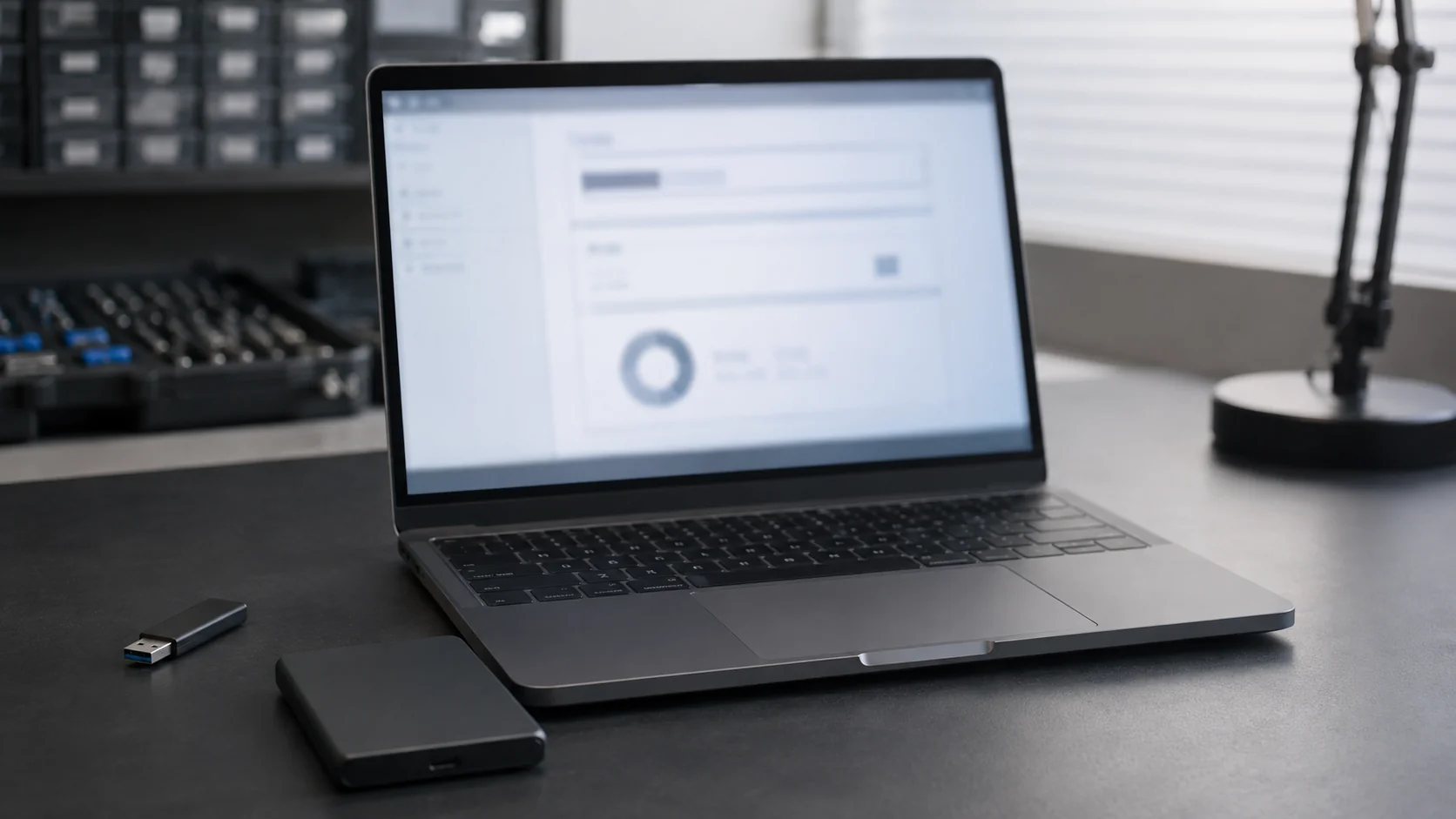 Clé USB et disque externe près d’un ordinateur utilisé pour un diagnostic prudent
