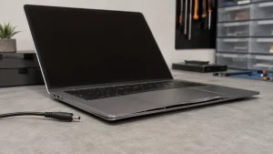 Powered-off laptop with a slightly raised enclosure and disconnected charger
