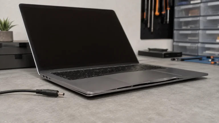 PC portable éteint avec châssis légèrement soulevé et chargeur débranché