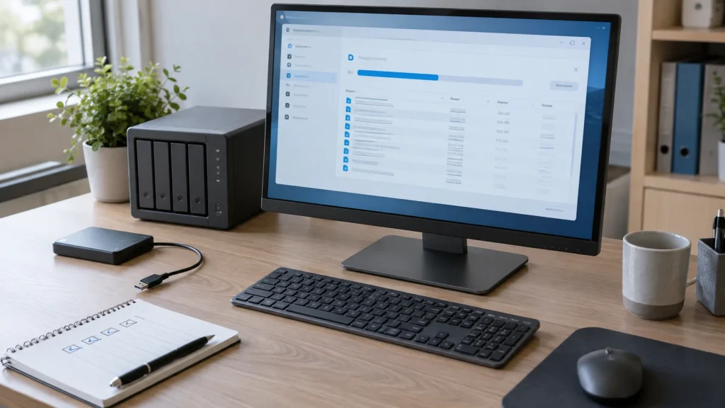 Backup restore test on a computer with a NAS and unplugged external drive