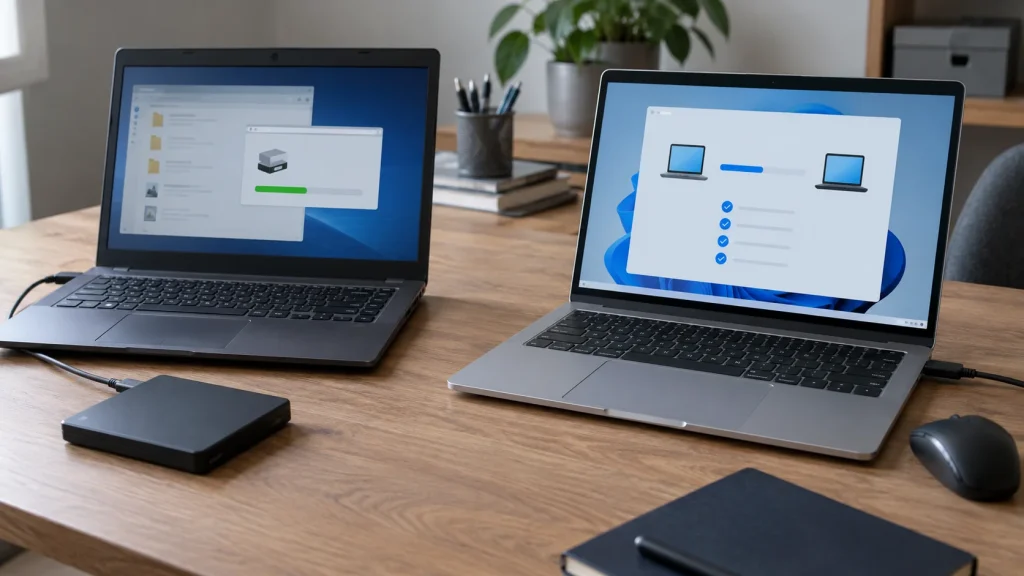 Two laptops with an external drive during a Windows PC migration